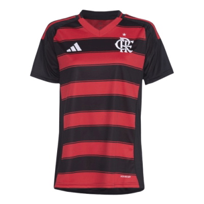 Camisola de futebol preta e vermelha às riscas horizontais com logótipos