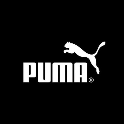 Logótipo branco da PUMA com um puma a saltar sobre o texto em fundo preto