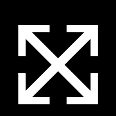 Símbolo branco de quatro setas cruzadas em fundo preto com texto OFF-WHITE em branco abaixo
