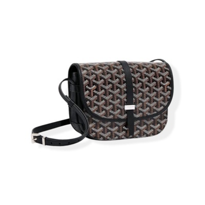 Mala tiracolo Goyard com padrão geométrico castanho, preto e branco e detalhes em pele preta.