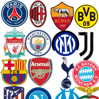 Conjunto de 24 emblemas de clubes de futebol com textos e cores variados