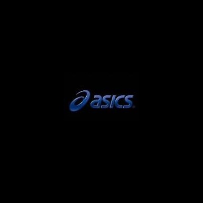 Logotipo ASICS em azul sobre fundo preto