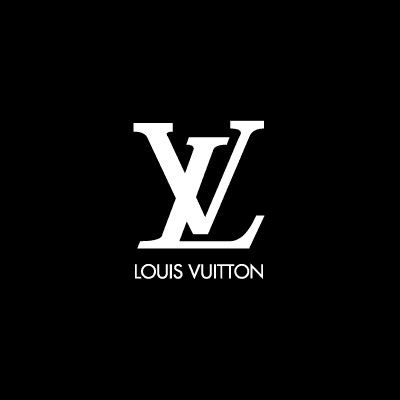 Logótipo branco LV e texto LOUIS VUITTON em fundo preto