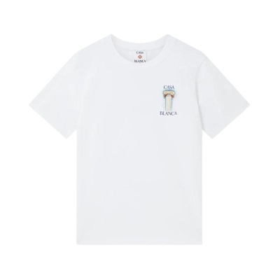 T-shirt branca com estampa de coluna clássica e textos CASA BLANCA
