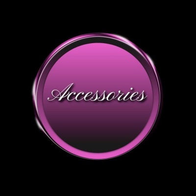 Círculo lilás com a palavra Accessories em letra cursiva sobre fundo preto