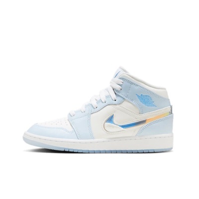 Ténis Jordan de cano médio branco e azul com swoosh prateado