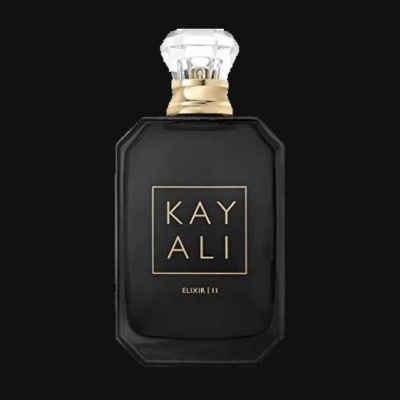 Frasco preto de perfume com tampa transparente e textos dourados