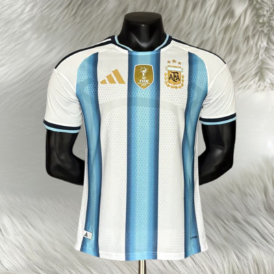 Camisola de futebol branca e azul claro com logótipos Adidas, FIFA 2019 e AFA