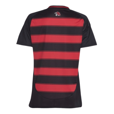 Camisola desportiva vermelha e preta com riscas horizontais e logótipo nas costas