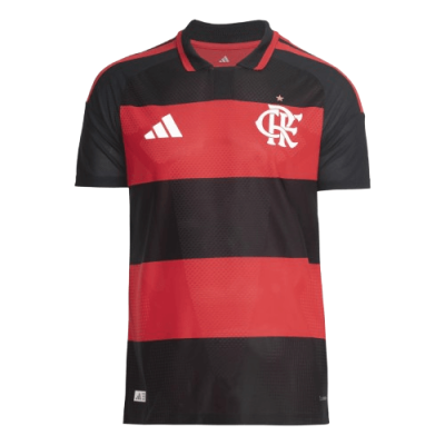 T-shirt de futebol preta e vermelha com riscas e logos brancos
