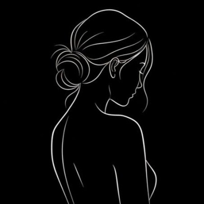 Desenho minimalista de perfil de mulher com cabelo preso em coque sobre fundo preto