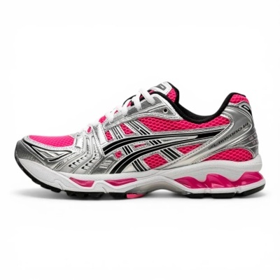 Ténis desportivo rosa, prateado, preto e branco com sola branca e rosa, padrão em malha e detalhes em plástico