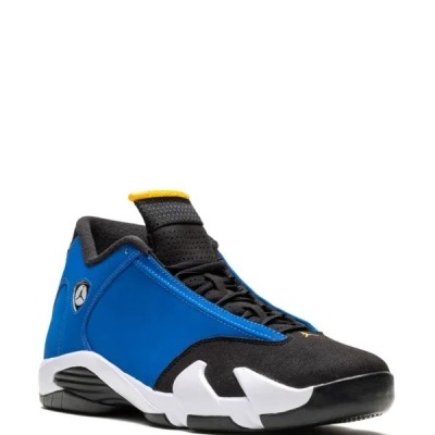 Ténis desportivos de criança azul, preto, branco e amarelo com logótipo Jordan