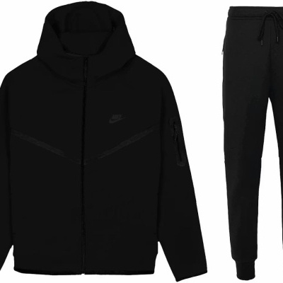 Conjunto de roupa desportiva Nike preto com casaco e calças.