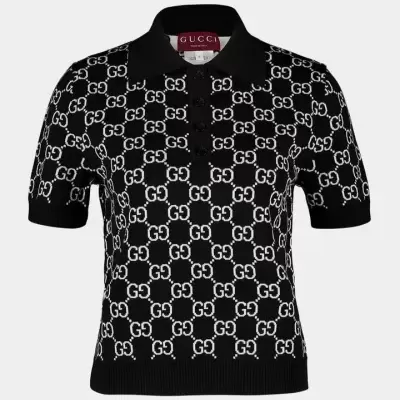 Polo preto com padrão GG branco e gola preta