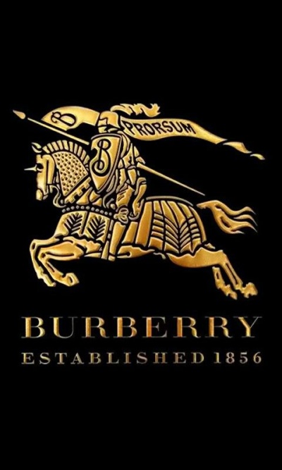 Logótipo dourado da Burberry com cavaleiro e cavalo sobre fundo preto