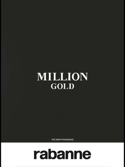 Embalagem de perfume com texto MILLION GOLD de fundo preto e rabanne em fundo branco