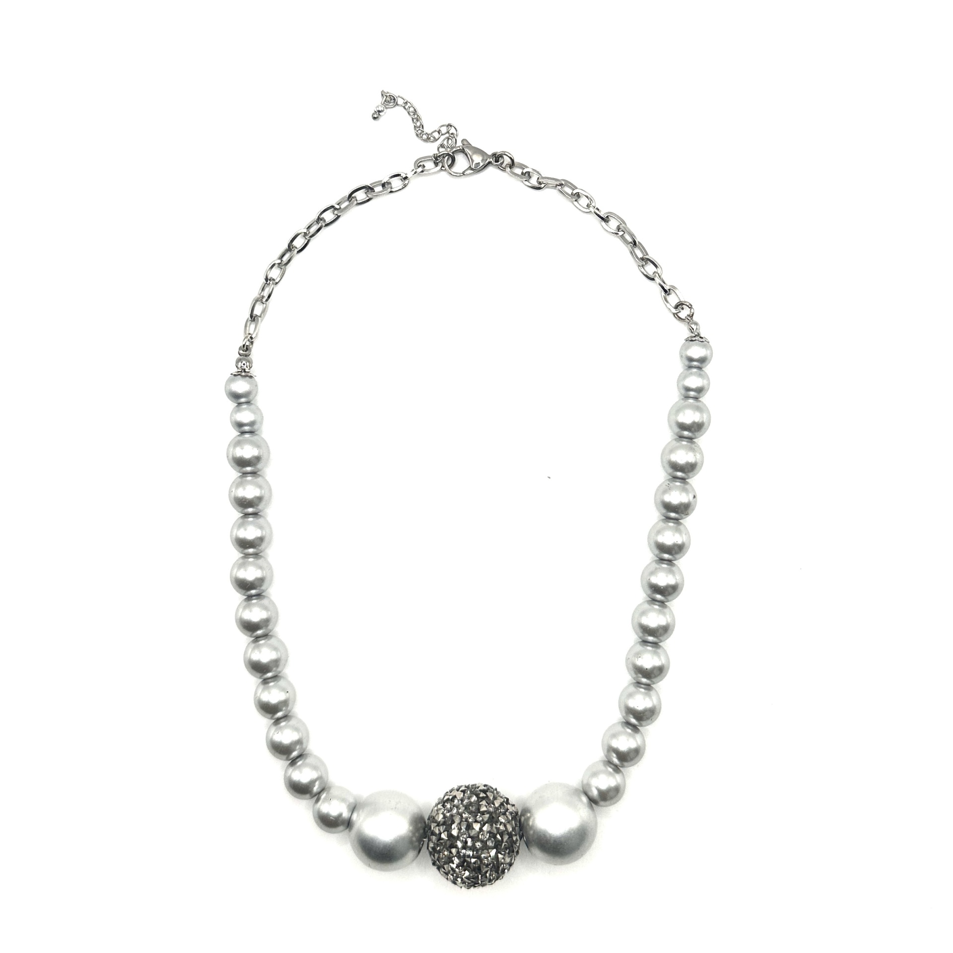 Colar pérolas cinzentas Colar com contas prateadas e corrente com fecho