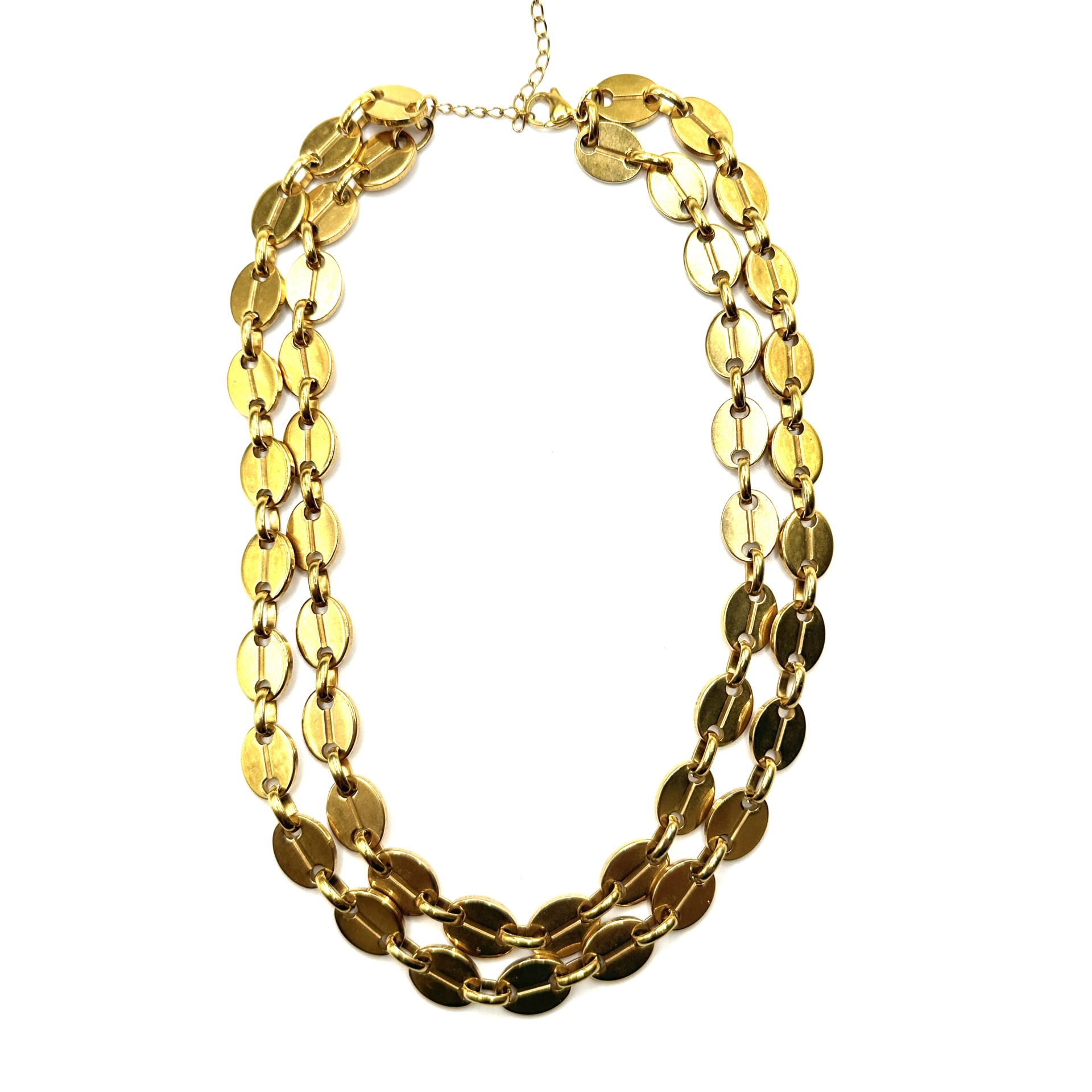 Colar duplo dourado em aço Colar dourado com elos ovais em duas camadas