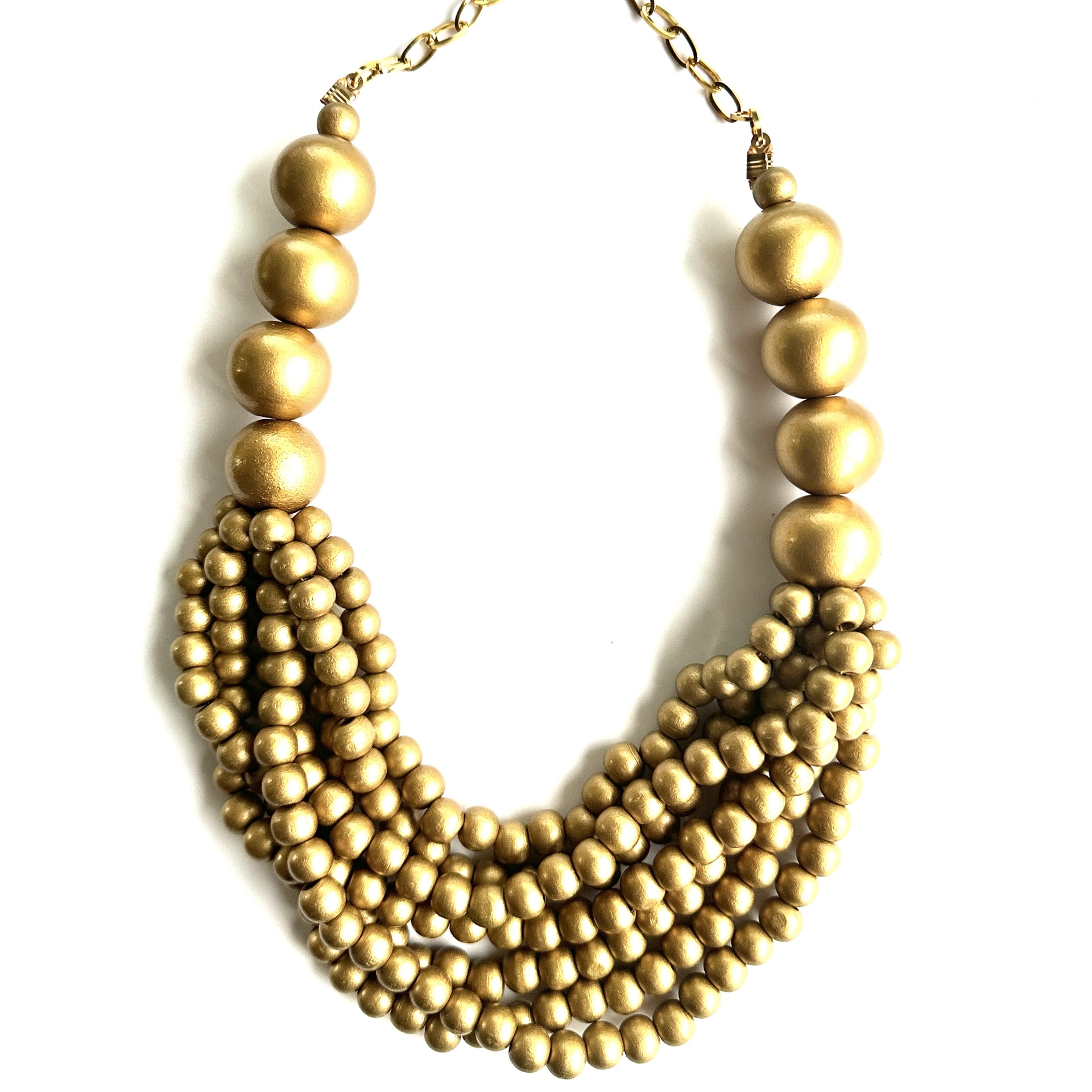 Colar em madeiras douradas Colar dourado com contas grandes e pequenas entrelaçadas