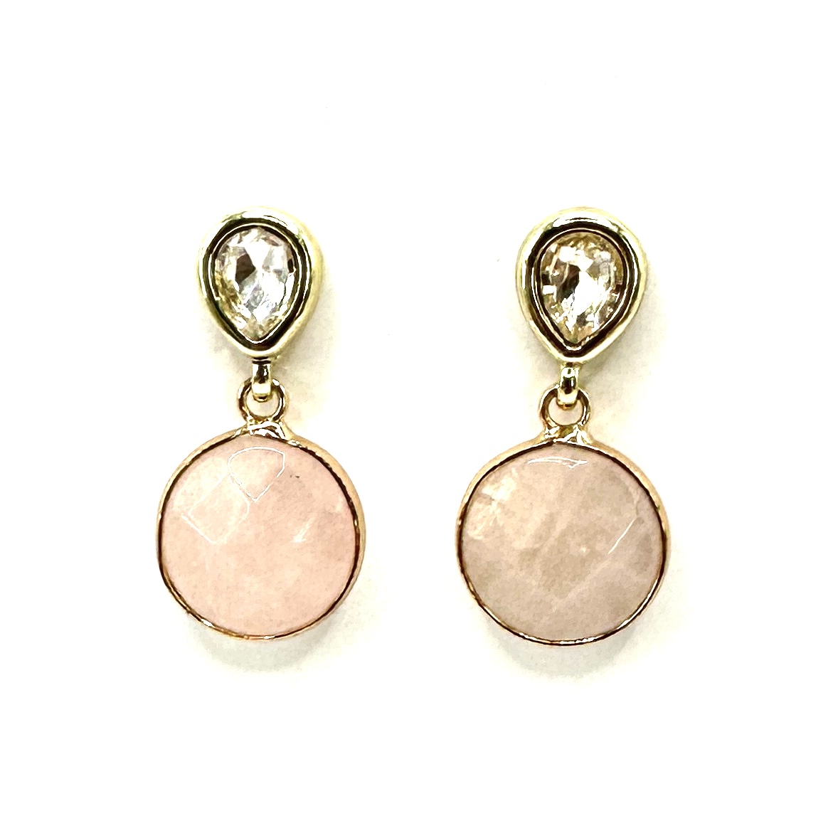 Brincos com solitário e quartzo rosa Brincos com pedra rosa redonda e cristal em forma de gota com moldura dourada