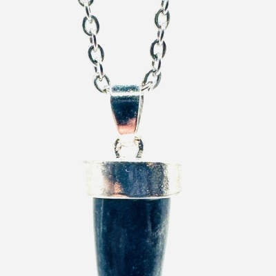 Colar com pendente em forma de pé de pedra escura e corrente prateada