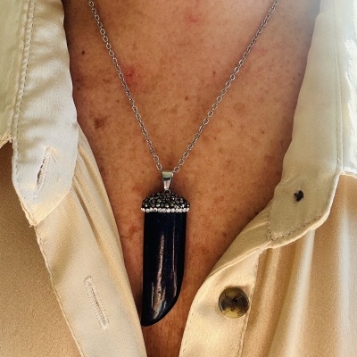 Colar com pendente em forma de dente preto brilhante com topo decorado por cristais na corrente prateada