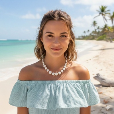 Colar de pérolas brancas em mulher na praia com blusa azul clara