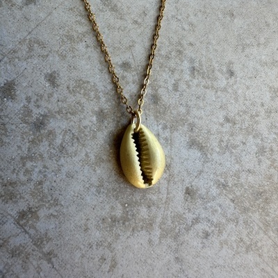 Colar dourado com pendente em forma de concha sobre fundo cinza