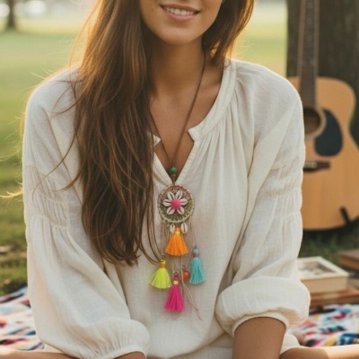 Colar artesanal colorido usado por mulher com blusa branca ao ar livre