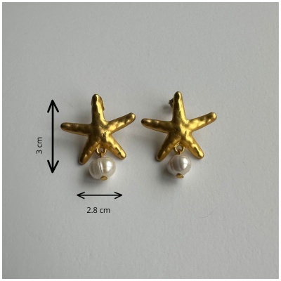 Brincos dourados em forma de estrela do mar com pérola branca suspensa