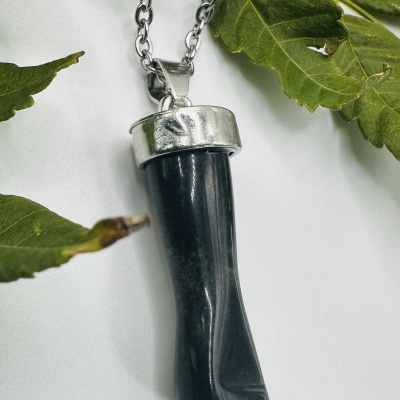 Colar com pendente de pé negro polido e corrente prateada