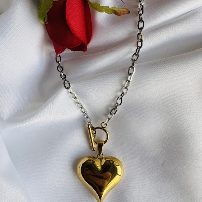 Colar com corrente prateada e pendente em forma de coração dourado brilhante