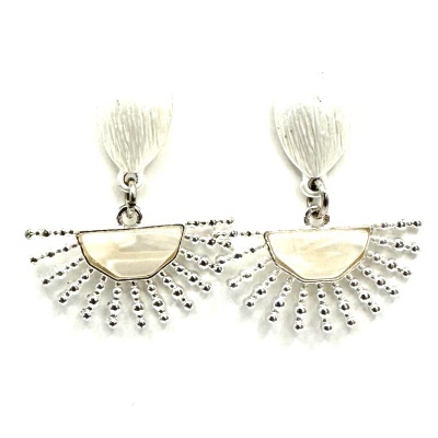 Brincos pendentes prateados com acabamento nacarado e contas metálicas