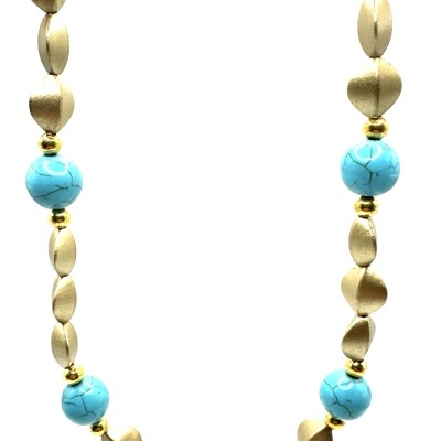 Colar com contas douradas e azul turquesa
