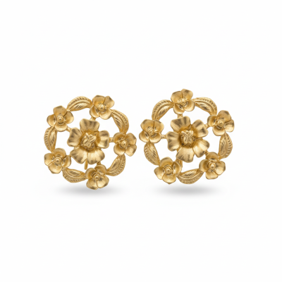 Brincos dourados com flores e folhas em design circular