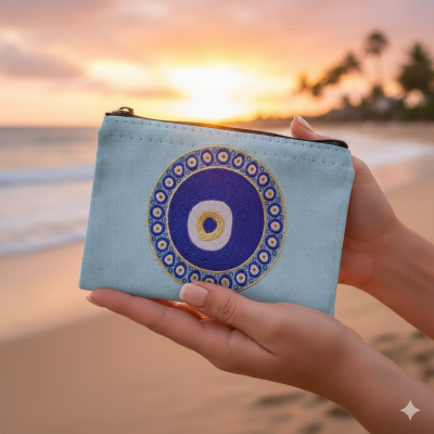 Carteira azul claro com padrão circular colorido segurada em mãos junto à praia ao pôr do sol