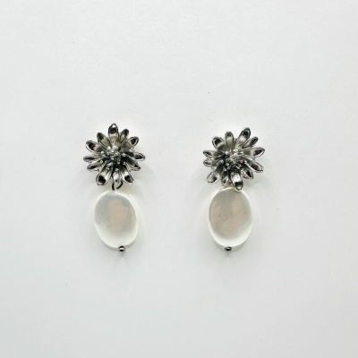 Brincos prateados com pedra branca ovalada pendente