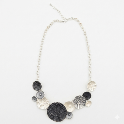 Colar com pendentes circulares preto e prateado com padrão de árvore