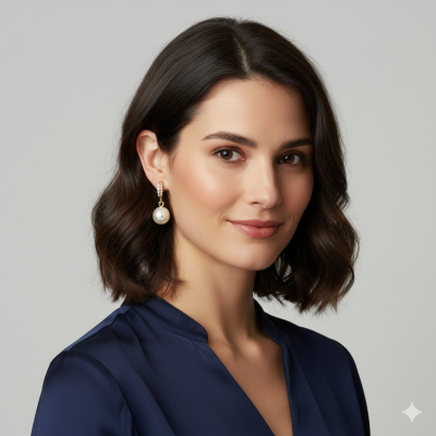 Mulher com blusa azul escura e brinco pendente com pérola