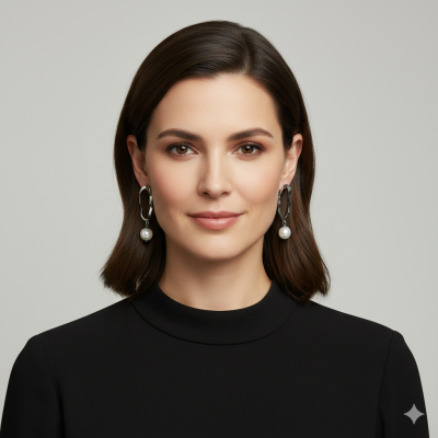 Mulher com brincos pendentes prateados e blusa preta