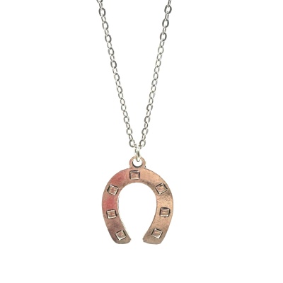 Colar com pendente em forma de ferradura cobre e corrente prateada, fundo branco