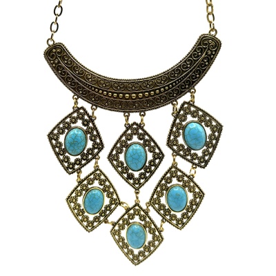 Colar dourado com pendentes losango e pedras turquesa