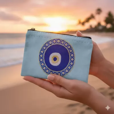 Carteira azul claro em tecido com padrão bordado circular azul e amarelo na praia ao pôr-do-sol.