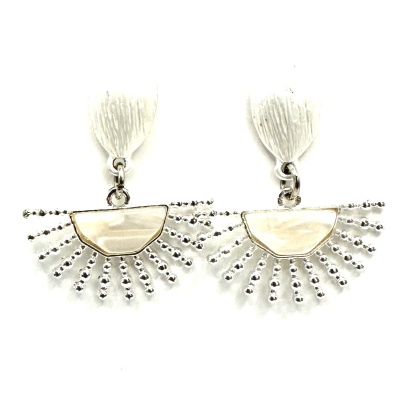 Brincos pendentes prateados com acabamento nacarado e contas metálicas