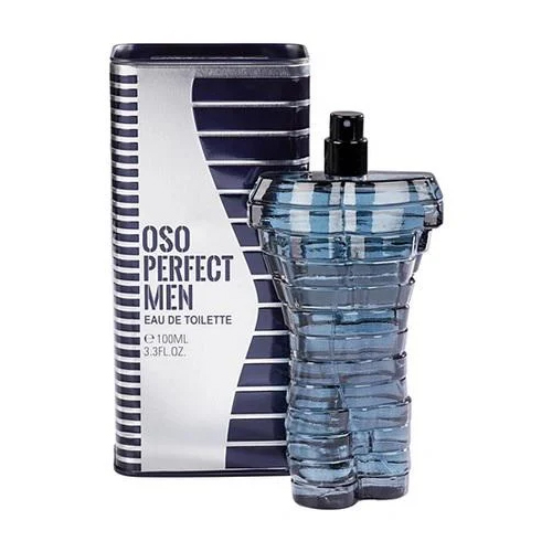 Frasco azul de perfume para homem e embalagem com texto Oso Perfect Men.