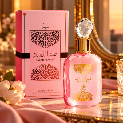 Frasco e caixa de perfume rosa com detalhes dourados e pretos em mesa decorada