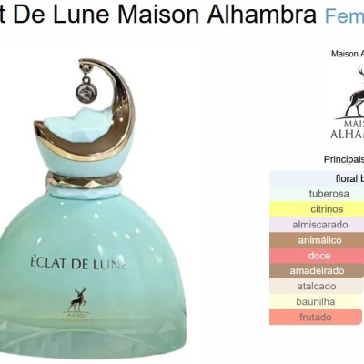 Frasco de perfume Eclat De Lune com tampa meia-lua dourada em fundo branco