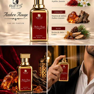 Frasco dourado de perfume Ambre Rouge da RiiFFS Parfums com ingredientes naturais e homem a pulverizar perfume