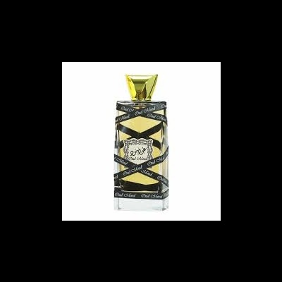 Frasco de perfume Oud Mood com tampa dourada e fita preta com texto